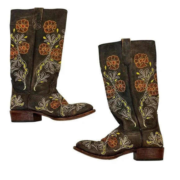 Macie Bean Boots women's 8 brown leather white orange embroidered round toe