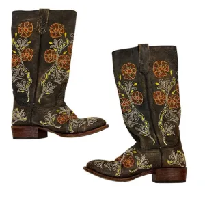 Macie Bean Boots women's 8 brown leather white orange embroidered round toe