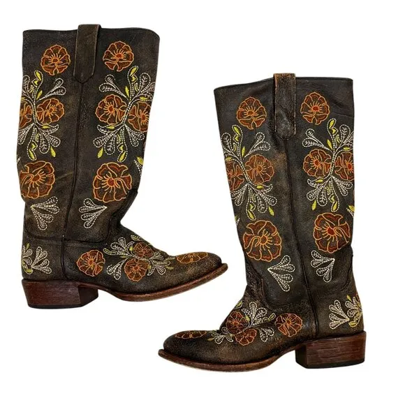 Macie Bean Boots women's 8 brown leather white orange embroidered round toe