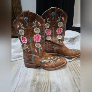 MACIE BEAN GIRLS HONEY BUNCH WESTERN BOOTS SQUARE TOE Flower Embroidery Sz 4