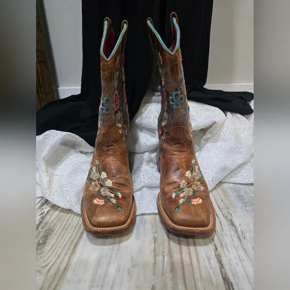 MACIE BEAN GIRLS HONEY BUNCH WESTERN BOOTS SQUARE TOE Flower Embroidery Sz 4