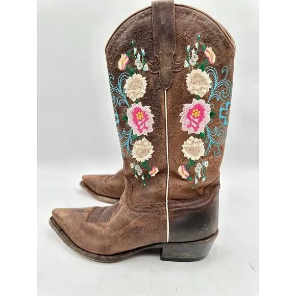 Macie Bean Women's Brown Leather Embroidered Point Toe Cowboy Western Boots 7