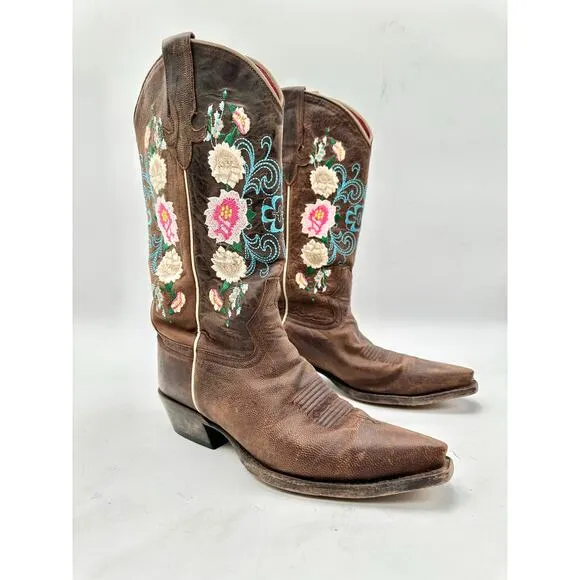 Macie Bean Women's Brown Leather Embroidered Point Toe Cowboy Western Boots 7
