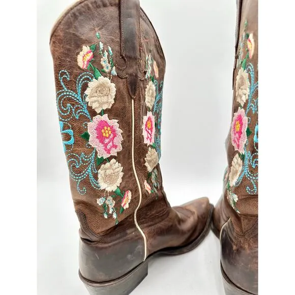 Macie Bean Women's Brown Leather Embroidered Point Toe Cowboy Western Boots 7