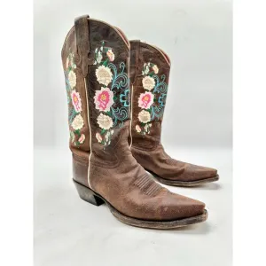 Macie Bean Women's Brown Leather Embroidered Point Toe Cowboy Western Boots 7