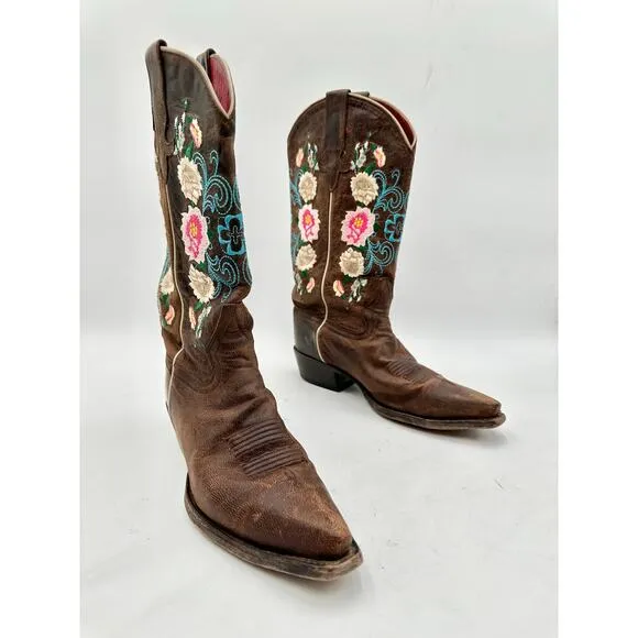 Macie Bean Women's Brown Leather Embroidered Point Toe Cowboy Western Boots 7