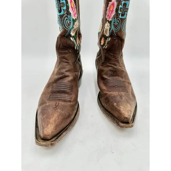 Macie Bean Women's Brown Leather Embroidered Point Toe Cowboy Western Boots 7