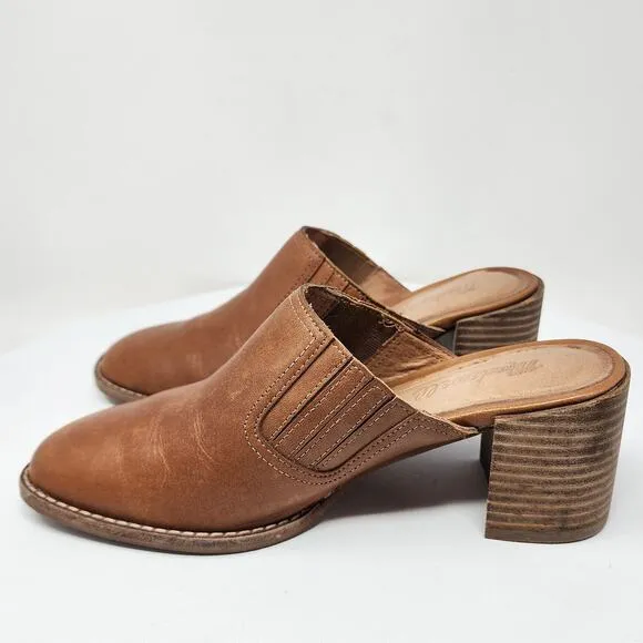 Madewell Carey Mules Women 6 Cognac Brown Leather Slip On Stacked Heel AH759