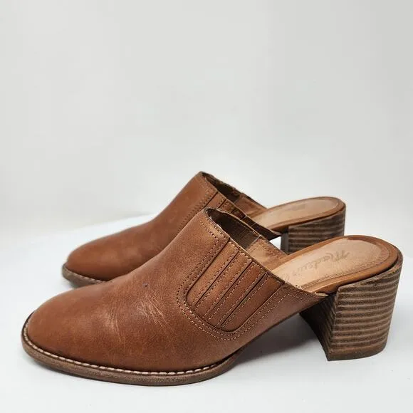 Madewell Carey Mules Women 6 Cognac Brown Leather Slip On Stacked Heel AH759