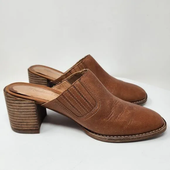 Madewell Carey Mules Women 6 Cognac Brown Leather Slip On Stacked Heel AH759