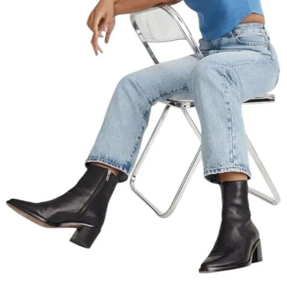 Madewell Booties 7.5 The Darcy Black Leather Almond Toe Ankle Boots Stacked Heel
