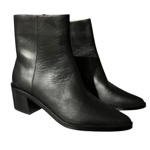 Madewell Booties 7.5 The Darcy Black Leather Almond Toe Ankle Boots Stacked Heel