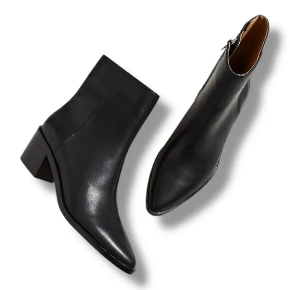 Madewell Booties 7.5 The Darcy Black Leather Almond Toe Ankle Boots Stacked Heel