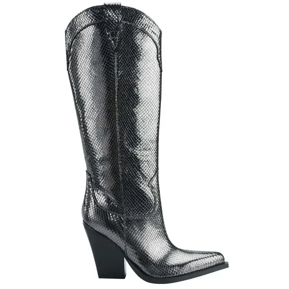 Marc Fisher Nalita Snakeskin Pewter Leather Women’s Western Boots, NWOB, 7.5