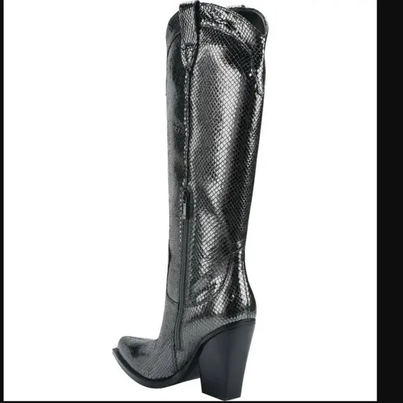 Marc Fisher Nalita Snakeskin Pewter Leather Women’s Western Boots, NWOB, 7.5