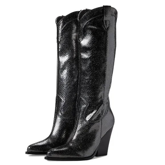 Marc Fisher Nalita Snakeskin Pewter Leather Women’s Western Boots, NWOB, 7.5