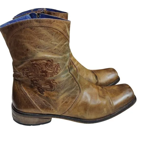 Mark Nason Sz 10 Distressed Brown Leather Ankle Boots Dragon Biker Square Toe