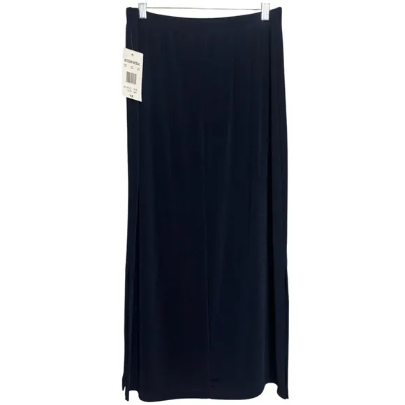 Maxi Skirt Slit Sides Slinky Smooth Stretchy Spandex Stretch Navy Blue Size 1X