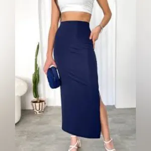 Maxi Skirt Slit Sides Slinky Smooth Stretchy Spandex Stretch Navy Blue Size 1X