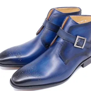 Men's leather boots buckle Chelsea pointed toe trendy high-top leather shoes