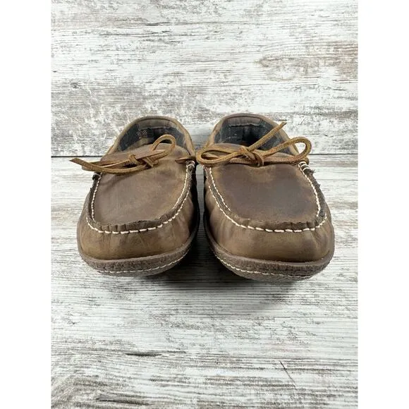 Men's L.L. Bean Handsewn Brown Leather Flannel-Lined Slippers Moccasin Sz 10M