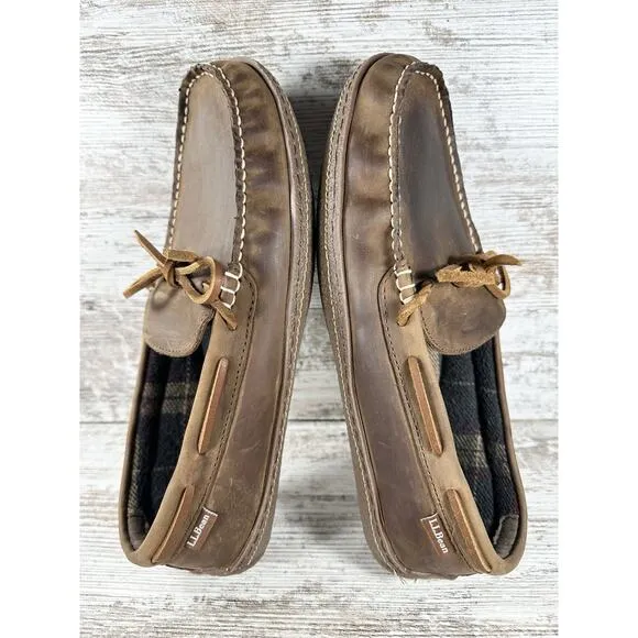 Men's L.L. Bean Handsewn Brown Leather Flannel-Lined Slippers Moccasin Sz 10M