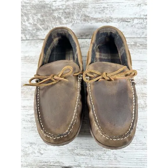 Men's L.L. Bean Handsewn Brown Leather Flannel-Lined Slippers Moccasin Sz 10M