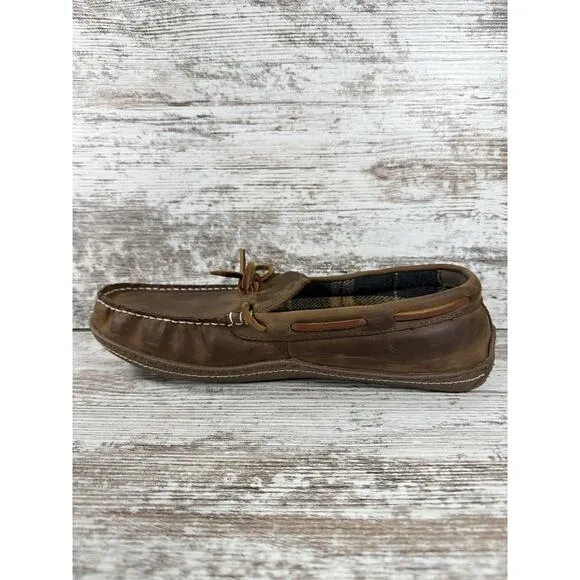Men's L.L. Bean Handsewn Brown Leather Flannel-Lined Slippers Moccasin Sz 10M