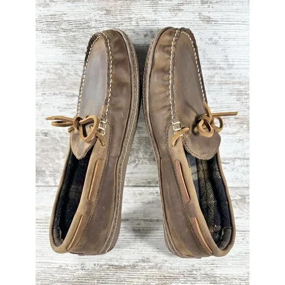 Men's L.L. Bean Handsewn Brown Leather Flannel-Lined Slippers Moccasin Sz 10M