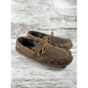 Men's L.L. Bean Handsewn Brown Leather Flannel-Lined Slippers Moccasin Sz 10M