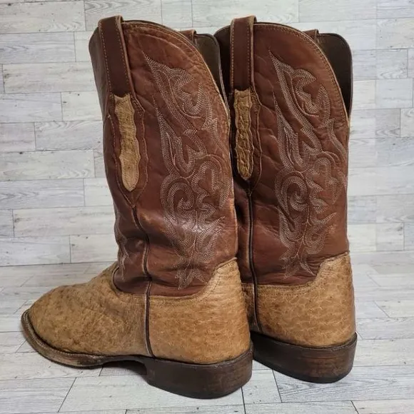 Men's Lucchese Western Brown Ostrich Leather Square Toe Cowboy Boots Size 12 D