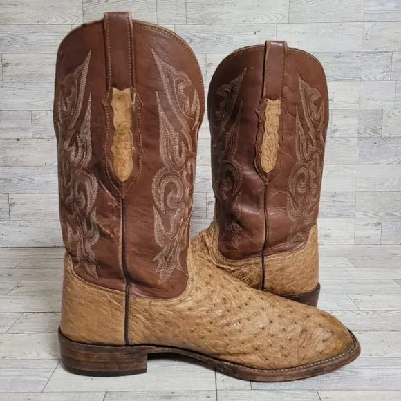 Men's Lucchese Western Brown Ostrich Leather Square Toe Cowboy Boots Size 12 D