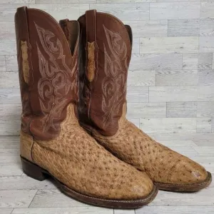 Men's Lucchese Western Brown Ostrich Leather Square Toe Cowboy Boots Size 12 D