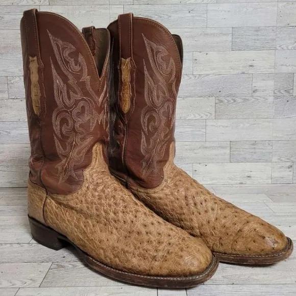 Men's Lucchese Western Brown Ostrich Leather Square Toe Cowboy Boots Size 12 D