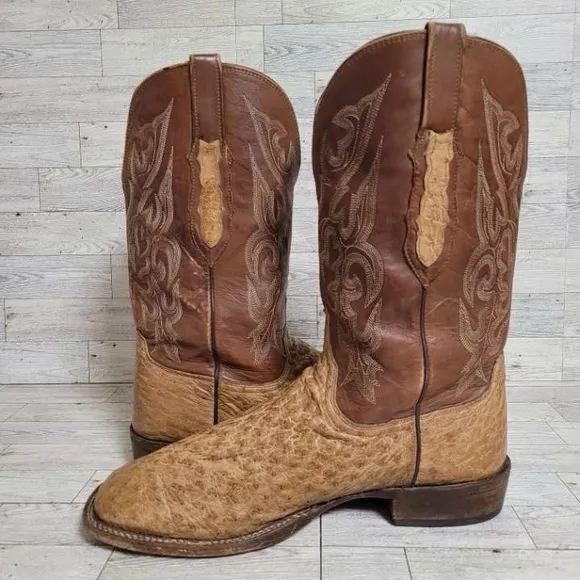 Men's Lucchese Western Brown Ostrich Leather Square Toe Cowboy Boots Size 12 D