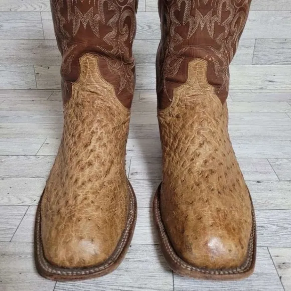 Men's Lucchese Western Brown Ostrich Leather Square Toe Cowboy Boots Size 12 D