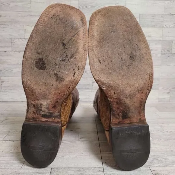 Men's Lucchese Western Brown Ostrich Leather Square Toe Cowboy Boots Size 12 D