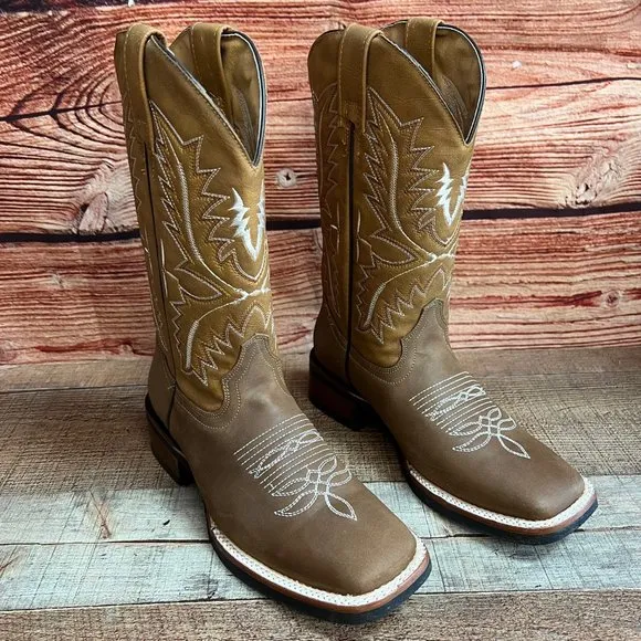 MENS WESTERN RODEO COWBOY SQUARE TOE BROWN BOOT BOTA VAQUERA HOMBRE