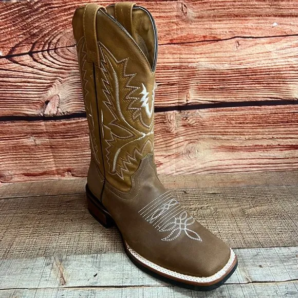 MENS WESTERN RODEO COWBOY SQUARE TOE BROWN BOOT BOTA VAQUERA HOMBRE