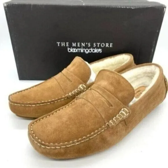 Mens Shearling Moc Toe Loafer Slippers Tan Suede Size 8 New