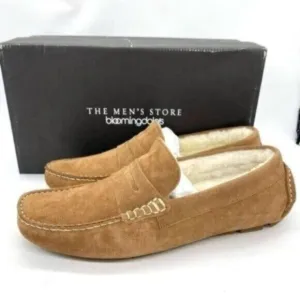 Mens Shearling Moc Toe Loafer Slippers Tan Suede Size 8 New