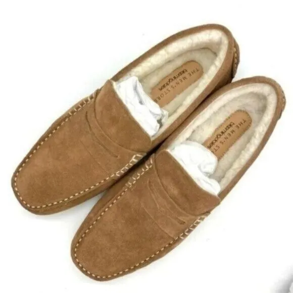 Mens Shearling Moc Toe Loafer Slippers Tan Suede Size 8 New