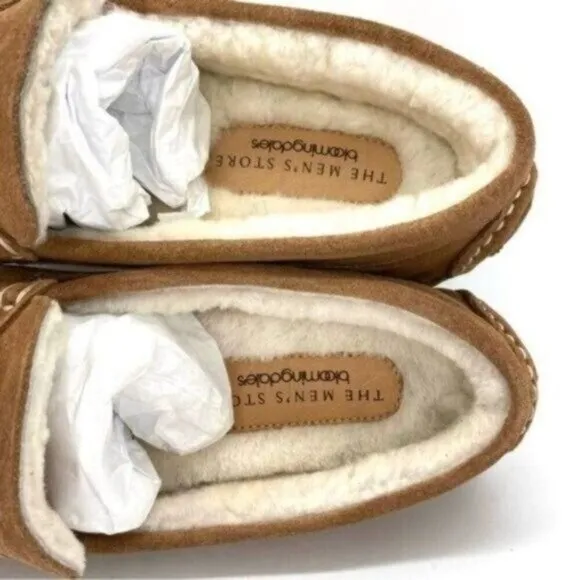 Mens Shearling Moc Toe Loafer Slippers Tan Suede Size 8 New
