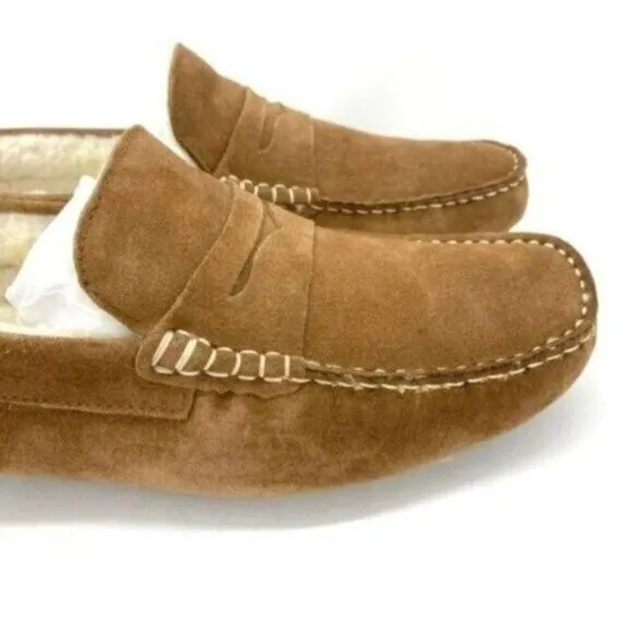 Mens Shearling Moc Toe Loafer Slippers Tan Suede Size 8 New