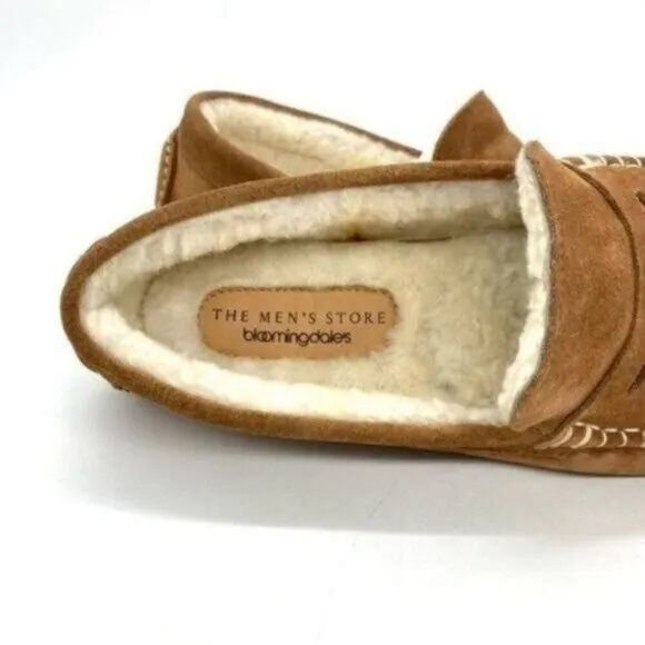 Mens Shearling Moc Toe Loafer Slippers Tan Suede Size 8 New