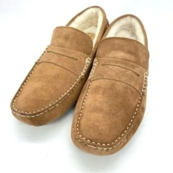Mens Shearling Moc Toe Loafer Slippers Tan Suede Size 8 New