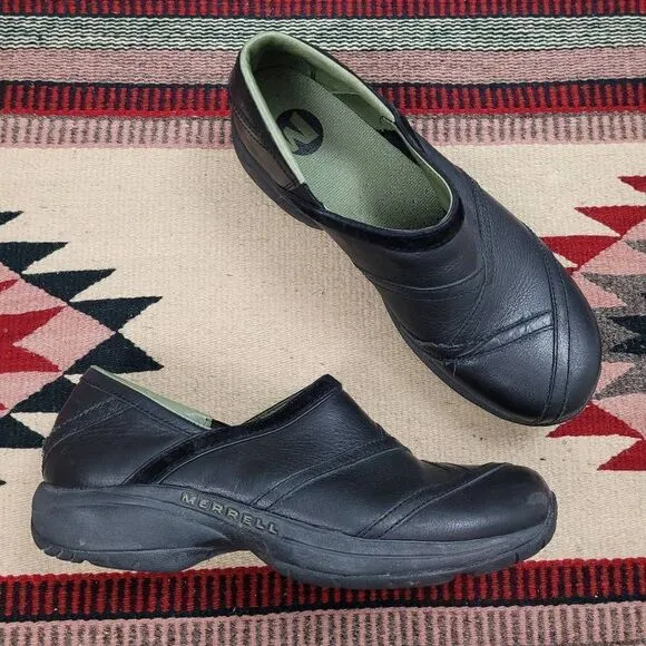 Merrell Primo Patch Black Leather Clogs Sz 11 Slip On Comfort Shoes J63786