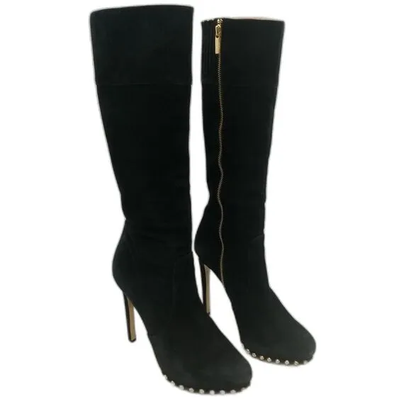 Michael Kors Ailee Gold Studded Black Suede High Heel Platform Boots - Size 9