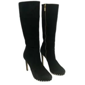 Michael Kors Ailee Gold Studded Black Suede High Heel Platform Boots - Size 9