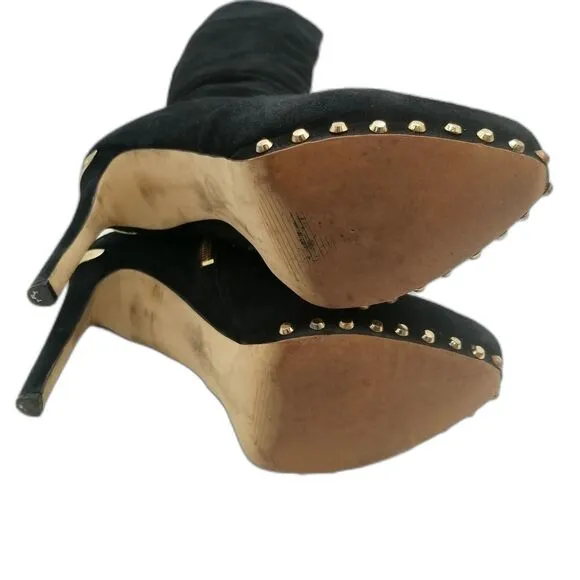 Michael Kors Ailee Gold Studded Black Suede High Heel Platform Boots - Size 9
